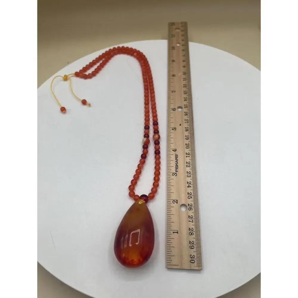 Orange Beaded Necklace with Amber Teardrop Pendant - Picture 5 of 6